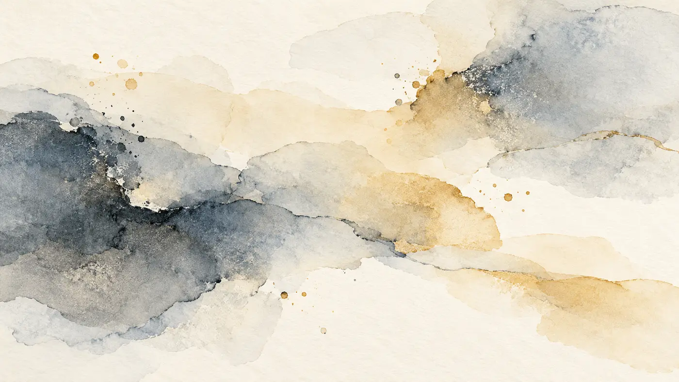 Layered abstract watercolor washes in slate, ivory, and ochre