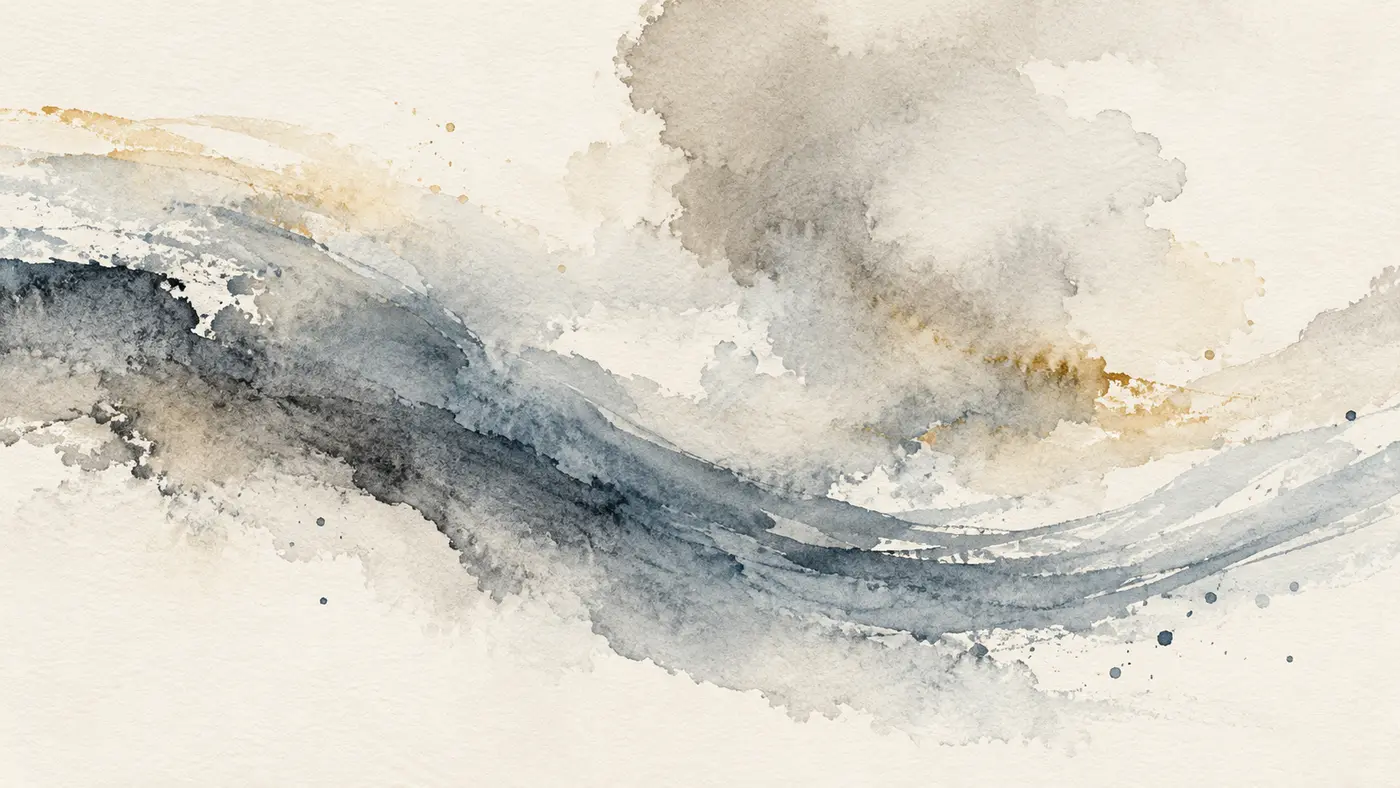 Flowing abstract watercolor in soft charcoal, stone, and gold